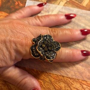 Joan Rivers Classics Collection Black and Gold Pave Flower GLAM Ring